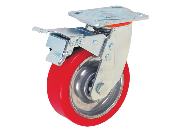 6mm Yoke Heavy Duty Caster With Aluminum Rim PU Wheel(Plain tyre)-Swivel with brake