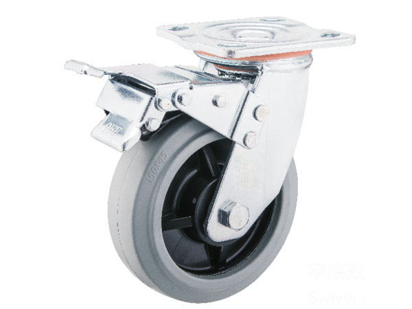 6mm Yoke Heavy Duty Caster With Grey Elastic Rubber Wheel-Swivel with brake